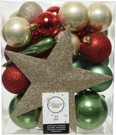 Decoris kerstballen set - 34-dlg - champagne/rood/groen - incl. piek - kunststof - kerstversiering