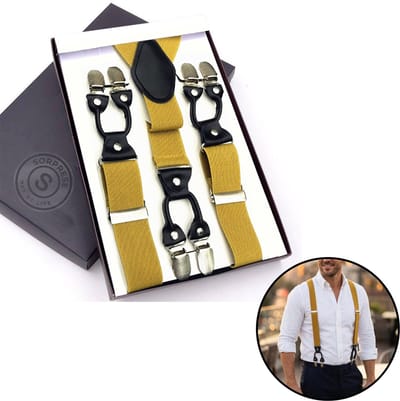 Sorprese - Luxe Chique Bretels - Goud - Zwart Leer - 6 Stevige Clips - Bretels Heren Volwassenen - Inclusief Cadeaudoos