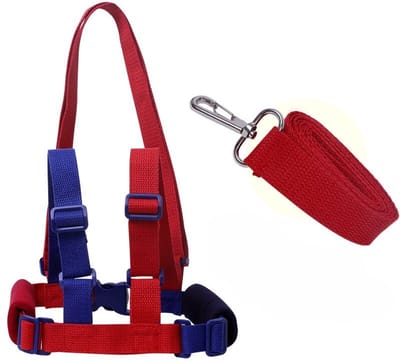 2-in-1 loopgordel voor baby's met veiligheidsriem, anti-verliesgordel voor peuters van 1-3 jaar, verstelbare unisex loophulp voor baby's, afneembare veiligheidsriem voor jongens en meisjes, Roodblauw