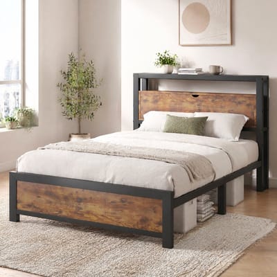 MEUNIQ eenpersoonsbed 90 x 200 cm met opbergend hoofdbord, metalen bedframe met lattenbodem en bedopbergruimte 26,5 cm, slaapkamer zwart