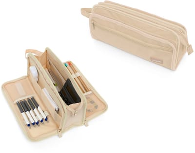 BASISSOIRES Etui High - Groot Schooletui voor Jongens en Meisjes - Pennenetui voor Volwassenen - Make up tasje - Beige - 31x14x10CM