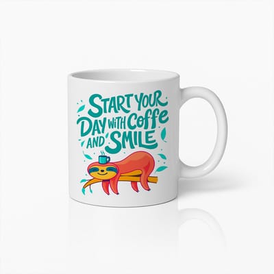 Start Your Day with Coffee and Smile Mok 330ml – Grappige Luiaard Koffiebeker, Vrolijk Cadeau voor Koffieliefhebbers en Lieve Ochtenden