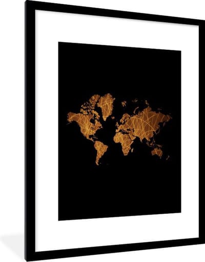 Poster in lijst - Fotolijst 60x80 cm - Posters - Wereldkaart - Goud - Lijnen - Posterlijst zwart - Decoratie - Wanddecoratie woonkamer - Muurdecoratie slaapkamer