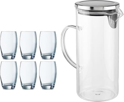 Arcoroc Waterglazen Salto met karaf - set 6x stuks glazen - 350ml - en schenkkan van 1.3 liter - met dop