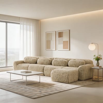 Komhtom - 4-zits L-vormige bank - modulaire meervoudige combinatie en chaise longue-ontwerp - van premium pluche - geen montage nodig - met kussens - zeer elastisch schuim - geschikt voor woonkamer en slaapkamer - lichtkaki