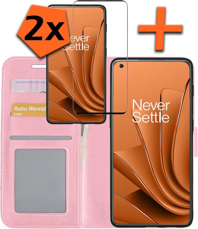 Hoes - Met 2x Screenprotector - Geschikt voor OnePlus 10 Pro - Luxe Pasjeshouder - Bookcase Portemonee - Flip Case - Kunstleer Book Case - Flipcase Hoes - Book Cover - Walletcase - PortemonneeHoes - Lichtroze