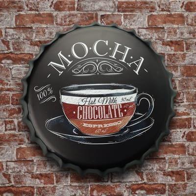 Koffie wandbord – Mocha coffee - Metalen wandbord - Coffee decoratie - Metalen bord - Wandborden - Wandbord metaal - Wandbord rond - Coffee - Decoratie - Cave & Garden