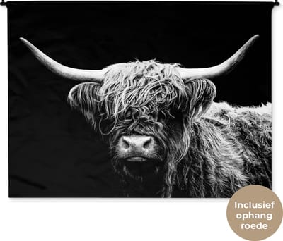 Wandkleed - Wanddoek - Schotse Hooglander - Koe - Zwart - Wit - Dieren - 180x135 cm - Wandtapijt