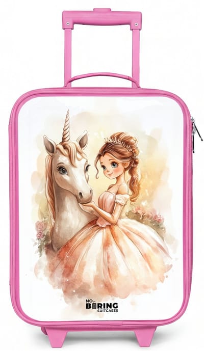 NoBoringSuitcases.com® - Kinderkoffer roze - Kindertrolley meisje - Prinses in jurk met witte eenhoorn - Koffer kind lichtgewicht - Reiskoffer trolley voor kinderen - Koffertje met lichtgevende wieltjes - Rolkoffer