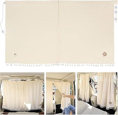 Auto-privacygordijn – 1 stuk – Verduisterend – 140 × 80 cm – Scheidingswand voor voor-/achtercabine – Zonwering, warmte-isolatie & slaapscherm – Met bloemenpatroon – Inclusief haken & zuignappen – Geschikt voor sedans & SUV's – Beige