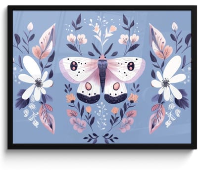Poster in lijst - Fotolijst 70x50 cm - Posters - Vlinder - Vleugels - Stippen - Bloemen - Posterlijst zwart - Decoratie - Wanddecoratie woonkamer - Muurdecoratie slaapkamer