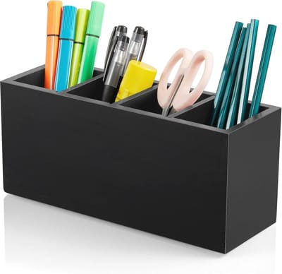 Houten Bureau-organizer met 4 Sleuven en Make-up Borstelhouder - Praktische Desk Accessoires in Zwart