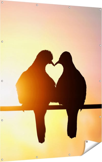Gards Tuinposter Twee Silhouet Vogels in een Hart Vorm - 120x160 cm - Tuindoek - Tuindecoratie - Wanddecoratie buiten - Tuinschilderij