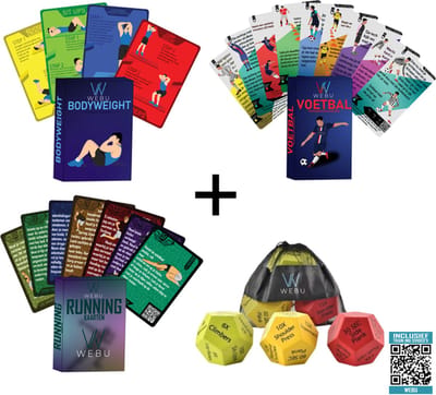 WEBU Workout Dobbelstenen + Voetbal, Running en Bodyweight Workout Kaarten - Voetbal Spullen - Voetbal Trainingskaarten - Voetbaltraining - Voetbal - Voetbalspel - Trainingsmateriaal - Unieke Methode - Voor Voetballers en Trainers
