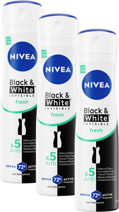 NIVEA Invisible For Black & White Fresh Deodorant Spray - 3 x 150 ml - Voordeelverpakking