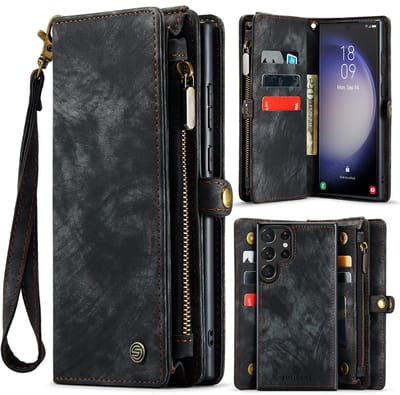 Geschikt Voor Samsung Galaxy S23 Ultra Hoesje - Solidenz Wallet Case S23 Ultra - Telefoonhoesje S23 Ultra - S23 Ultra Case Met Pasjeshouder - Met Ritsvak - Met Polskoord - Portemonee Hoes - Zwart