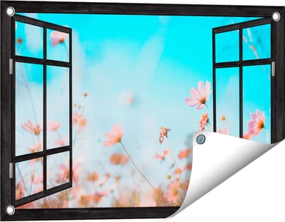 Gards Tuinposter Doorkijk Paarse Kosmos Bloemen - 60x40 cm - Tuindoek - Tuindecoratie - Wanddecoratie buiten - Tuinschilderij