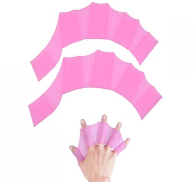 1-paar Zwemhandschoenen - Vingerpeddels - Siliconen vingerpeddels - Trainingsvingerpeddels - Maat M - 18x5,5 cm - Geschikt voor dames - Geschikt voor watersporten zoals aquagym, surfen, snorkelen, zwemmen en raften - Roze