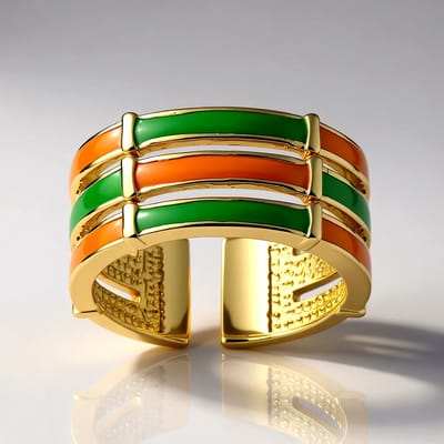 Cavill - Zilveren ring 925 Sterling Zilver verguld - Moderne open geometrische ring met groen en oranje strepen - 19x20 mm - elegante damesring