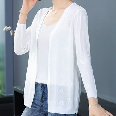 Cardigan fin en soie glacée pour femme, vêtement de protection solaire, pull tricoté, vêtements d'été pour femme, châle avec jupe, vêtements amples ajourés M blanc