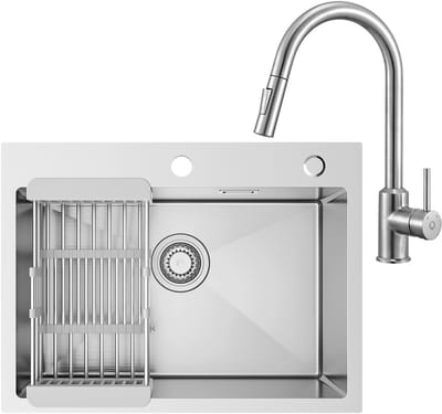 SOFETIY MAX Spoelbak voor keuken 60 x 45 cm - Spoelbakken Keuken Met Keukenkraan Met Uittrekbare Uitloop - Wasbak Keuken Met Aftapmand en Waterafvoersysteem