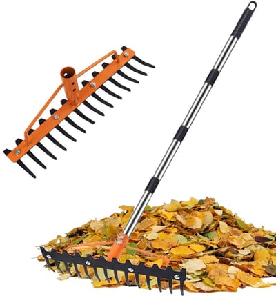 Robuuste metalen tuinhark van 1,6 m met 17 stalen tanden voor het losmaken van grond, gazonhark en bladeren verwijderen