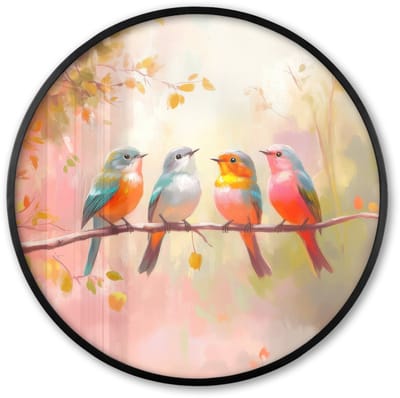 Poster in lijst Rond - Fotolijst 60x60 cm - Posters - Vogels - Kleurrijk - Tak - Ronde posterlijst zwart - Decoratie - Wanddecoratie woonkamer - Muurdecoratie slaapkamer