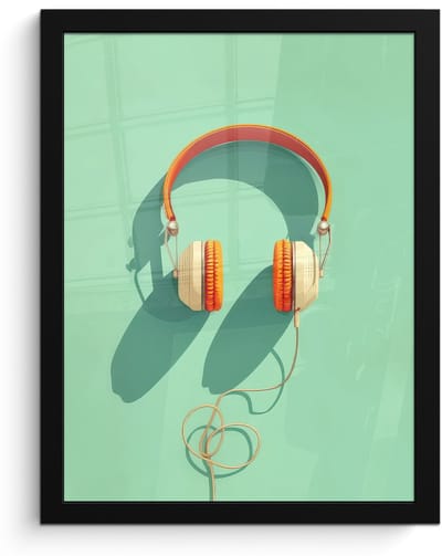 Poster in lijst - Fotolijst 30x40 cm - Posters - Koptelefoon - Oranje - Snoer - Minimalistisch - Posterlijst zwart - Decoratie - Wanddecoratie woonkamer - Muurdecoratie slaapkamer - Kerstversiering - Kerstdecoratie voor binnen - Kerstmis