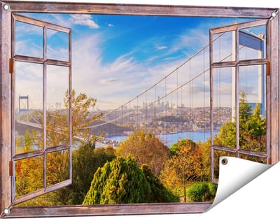 Gards Tuinposter Doorkijk Bosphorus Brug in Instanbul - 90x60 cm - Tuindoek - Tuindecoratie - Wanddecoratie buiten - Tuinschilderij