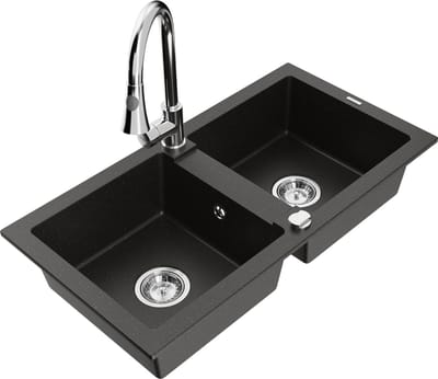 Mexen Mario granieten gootsteen met 2 bakken en Elia keukenkraan, zwart/goud metallic - 6504-75-670101-00