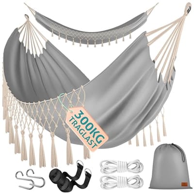 Hangmat tot 300 kg, 320 x 150 cm, voor 1-2 personen, ademend met franjes, weerbestendig voor camping of tuin