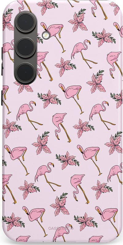 Casetastic hoesje geschikt voor Samsung Galaxy S24 Plus - Dubbellaagse bescherming - Tropisch Roze Flamigo Bloemen Paradijs - Fashion Case - Lichtgrijs Wit Lichtroze