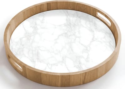 Dienblad rond 40x40 cm - Schootdienblad hout - Minimalistisch - Wit - Grijze aders - Borrelplank rechthoek - Plateau houten dienbladen
