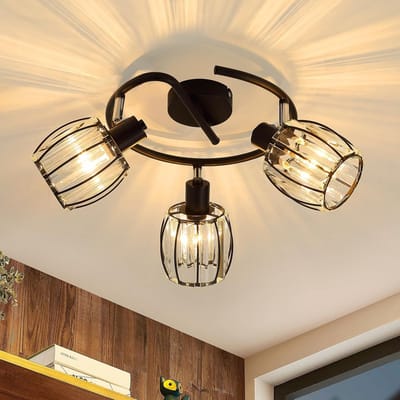 Glitzerlife - Plafondspot Plafondlamp - 3xE14 fitting - retro kristallen design - opbouwspots - 350° draaibaar 90° kantelbaar - kristal en ijzer - Ø9cm - zwart