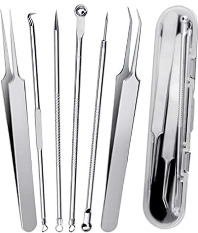 Mee-Eter Verwijderaar Set - 6 Stuks Acne Extractor Tool met Scherpe Pincet en Comedonenlepel