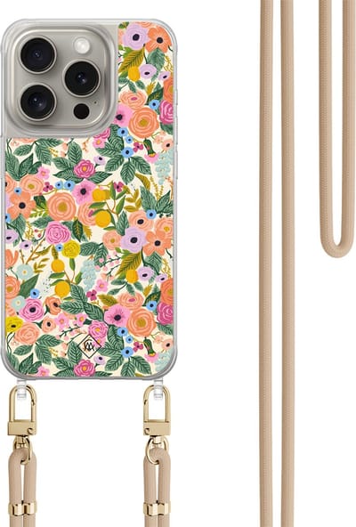 Casimoda® hoesje met beige koord - Geschikt voor iPhone 15 Pro - Pink Garden - Afneembaar koord - TPU/polycarbonaat - Bruin/beige