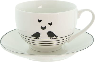 Clayre & Eef Kop en Schotel 220 ml Wit Zwart Porselein Harten Vogels