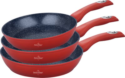 Swiss Haus® FP3R Pannenset Inductie - 3 Delige Koekenpannenset Ø 20/24/28 cm - PFAS Vrij - Koekenpan Voor Alle Warmtebronnen - Pannen Met Sapphire™ Antiaanbaklaag - Rood