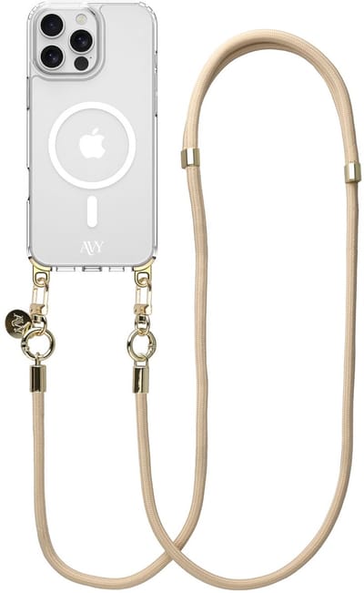 AVY Hoesje geschikt voor Apple iPhone 16 Pro Max | Compatibel met MagSafe | Clear Case met Telefoonkoord 130CM | Crossbody Tressé Beige