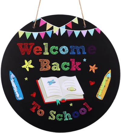 Dailygoods- Deurbord Welkom Terug op School - Rond 30x30x0,5cm - Waterdicht PVC - Henneptouw - Ideale Decoratie voor Klaslokaal - Duidelijk Patroon - Deurbordje