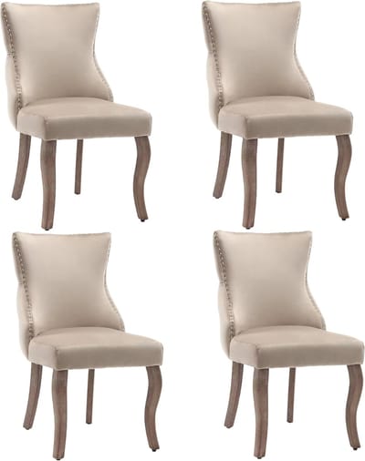 Welltin Eetkamerstoelen - Set van 4 - Eetkamerstoel - Keukenstoel - Eettafelstoel - Stoel - Fluweel - Houten Poten - Scandinavisch design - Lichtbeige