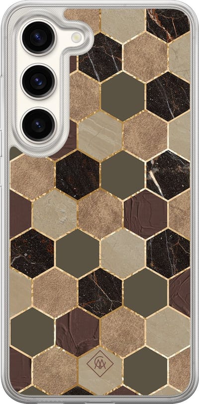 Casimoda® hoesje - Geschikt voor Samsung Galaxy S23 - Kubus Groen Bruin - 2-in-1 case - Schokbestendig - Geometrisch patroon - Verhoogde randen - Bruin/beige, Transparant