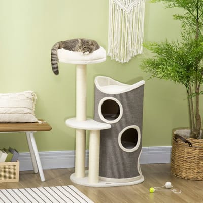Merax Krabpaal 109 cm Wit Grijs met Krabton en Kattenbed Sisalpalen en Pluche Kattenmeubel voor Kleine Katten