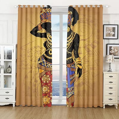 Luxe Gouden Vintage Mooie Afrika Lokale Vrouw Raamgordijn Voor Woonkamer Kinderkamer Badkamer Keuken Deur Huisdecoratie 2Stuks W65X60H(cm)X2Pcs&Grommet Top black