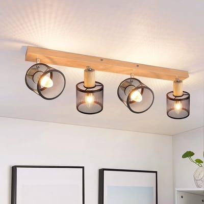 NETTLIFE Opbouwspot - Hout - zwart - cilinder - 4-lichts - E14 Fitting - 350° draaibar Plafondspot - Kooiontwerp - Metaal - Max.25W - Vintage Plafondlamp - voor Hal | Woonkamer | Keuken - Zonder Lichtborn - L 60cm