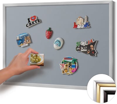 Wallfluent - Grijs Magneetbord in Stijlvolle Kleuren - 70 cm x 50 cm - Magneetbord met Zilveren Frame - Grijze kleur - Magnetisch Bord Muurbevestiging - Magnetisch Wandbord - Memobord voor Keuken