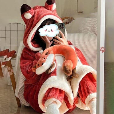 Little Fox Pyjama's Dames Winterkleding Nieuwe Koraal Pluche Verdikte Capuchon Pluche Lange Nachtkleding Badjas voor Herfst en Winter Bovenkleding L white