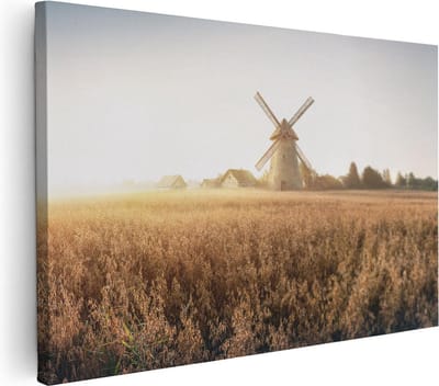 Artaza Canvas Schilderij Molen - 60x40 cm - Wanddecoratie Landschap - Muurdecoratie Korenveld - Schilderijen Op Canvas Natuur - Herfst