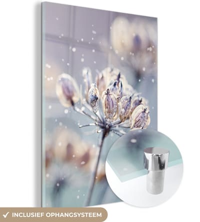 MuchoWow® Glasschilderij 120x160 cm - Schilderij acrylglas - Bloemen - Sneeuw - IJs - Winter - Botanisch - Foto op glas - Schilderijen