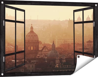 Gards Tuinposter Doorkijk Rome Stad bij Zonsopgang - 90x60 cm - Tuindoek - Tuindecoratie - Wanddecoratie buiten - Tuinschilderij